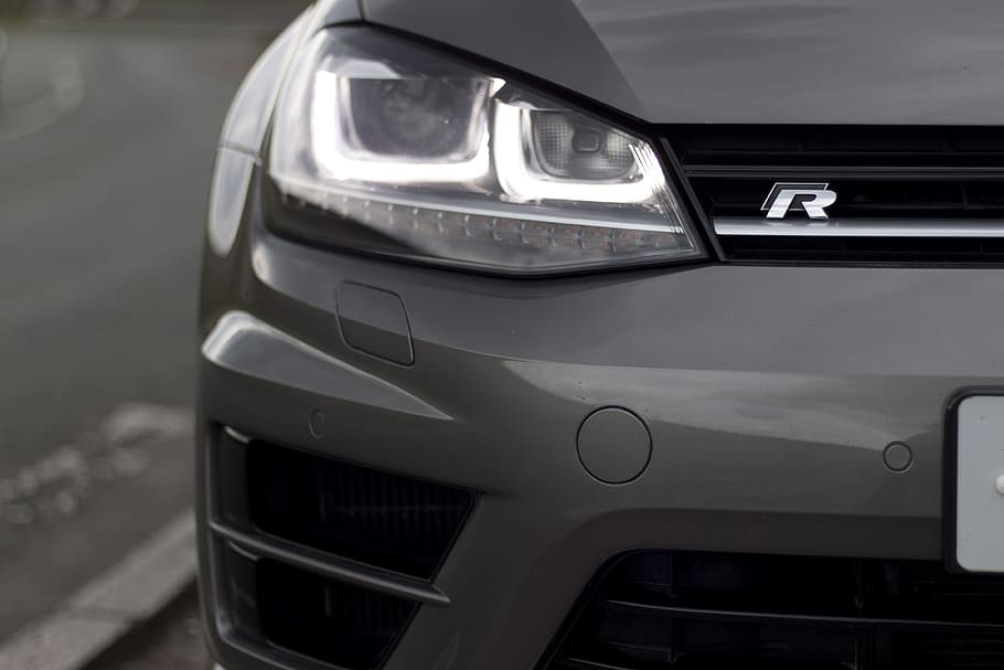 gray vehicle, Vw, Golf, Golf, R, Automotive, Car, Drive, vw, golf, r, speed, style, vehicle, power, performance, volkswagen, motor, autosalon, autoshow, transportation, mode of transport, no people, outdoors, day, mode of transportation, motor vehicle, land vehicle, close-up, metal, headlight, focus on foreground, modern, reflection, front view, retro styled, luxury, wealth, city, chrome, 4K